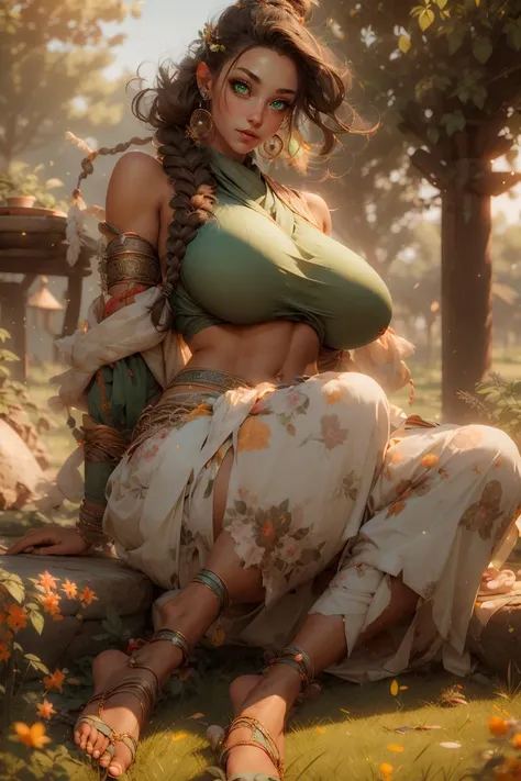 1girl, volumetric light, (bright scene:1.5), perfect wind, fields,  depth of field, bokeh ,hair ornament,  (huge breast:1.5) photography, masterpiece, best quality,HDR, highres,realistic details,40K, HDR, highres,
<lora:sxz-niji-v2:0.4> , <lora:wind-style-monk-darquelilly-v1:1>,windstylemonk, 1girl, jewelry, full body, earrings, brown hair, dark skin, midriff, sash, navel,  bracelet, detached sleeves, sandals, anklet, braid, crop top, hair ornament, wide sleeves, bandages , sitting,  thick thighs, huge ass