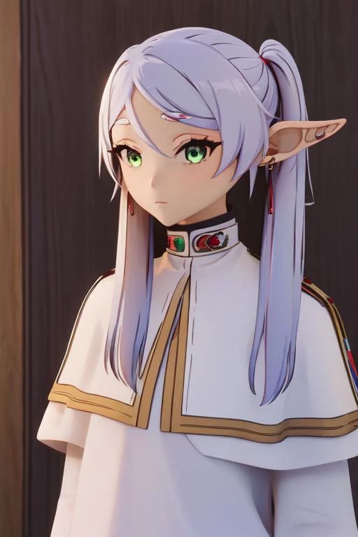 ((masterpiece)), (best quality), highres, ultra-detailed, absurdres,
<lora:JibakuFrierenv2:0.8> , frieren, 1girl, earrings, elf, long hair, pointy ears, solo, twintails, green eyes, earrings, white hair, looking at viewer, capelet, white capelet, white sleeves, long sleeves, standing, upper body,
<lora:vicineko3:1>
