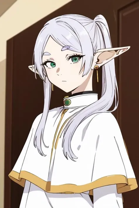 ((masterpiece)), (best quality), highres, ultra-detailed, absurdres,
<lora:JibakuFrierenv2:0.8> , frieren, 1girl, earrings, elf, long hair, pointy ears, solo, twintails, green eyes, earrings, white hair, looking at viewer, capelet, white capelet, white sleeves, long sleeves, standing, upper body,
<lora:kotoyama_style_v01:0.7>