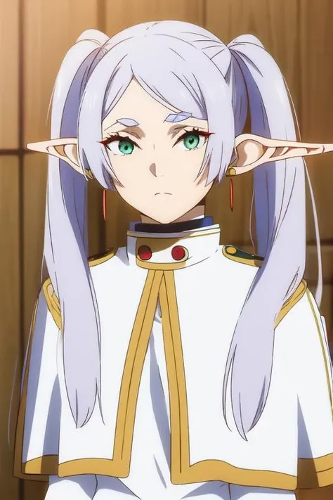 ((masterpiece)), (best quality), highres, ultra-detailed, absurdres,
<lora:JibakuFrierenv2:0.8> , frieren, 1girl, earrings, elf, long hair, pointy ears, solo, twintails, green eyes, earrings, white hair, looking at viewer, capelet, white capelet, white sleeves, long sleeves, standing, upper body,
<lora:hara:1.1> , art by hara/(harayutaka/), hara /(harayutaka/),