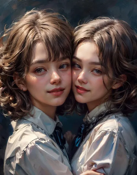 <lora:more_details:0.6>, <lora:cheektocheek:0.5> oil painting of two naked girls cheektocheek blushing and smiling like they were caught doing something they shouldn't do. <lora:bichu-v0612:0.6>, bichu