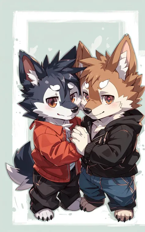 masterpiece, best quality, bright eyes,
furry, collie, (folded ears:1.3), male/male, 2boys, duo, chibi, cute, clothed,
cheektocheek, border background,  <lyco:cheektocheek:0.5>