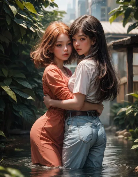 two superb exquisite korean real beautiful girls kissing, grabbing, closed eyes, soft gentle passionate pain face, natural long curvy hair, extremely delicate, straight facial features, peerless beautiful girl, soft, dreamy quality, dramatic light,  light white and dark brown, exaggerated facial features, solid color, frank holly, delicate face, bright lips slightly open, slender waist, soft curves, no bra:2.0 , bare chest, aureola visible,  jeans, real light and shadow, super fine, 4k, natural moving, realistic, Ultra high resolution, nsfw, pants down, showing pubic area,