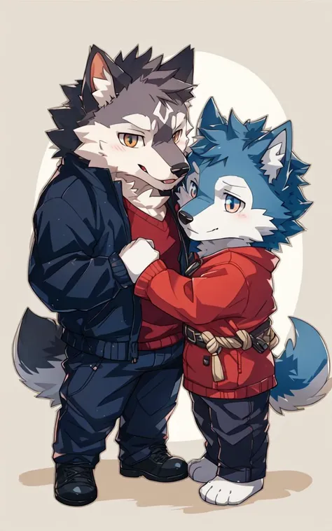 masterpiece, best quality, bright eyes,
furry, wolf, male/male, duo, chibi, cute, clothed,
cheektocheek, upper body, <lyco:cheektocheek:0.5>