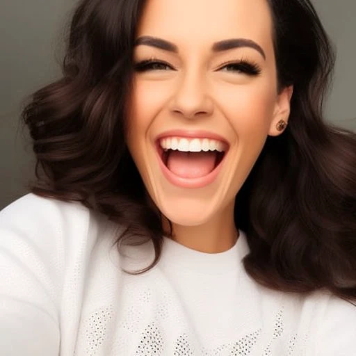 Portrait of a beautiful slim fit woman with her mouth open, white caucasian, mouth open, smile, eyes open, looking a the camera, brown hair, short hair, very detailed, sharp focus, aesthetic <hypernet:tongues-and-mouths-v2:1>