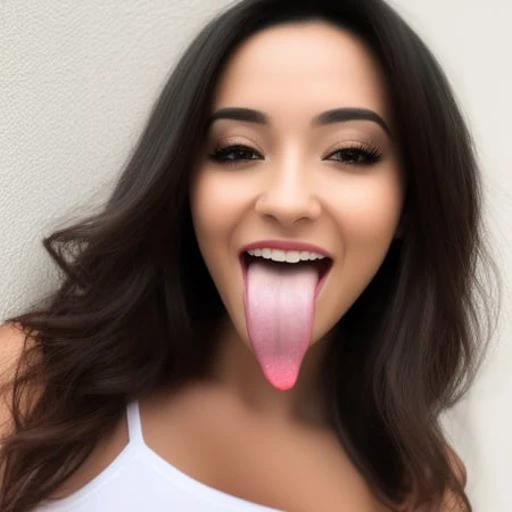 Portrait of a beautiful slim fit woman with her tongue out, white skin caucasian, mouth open, smile, eyes open, looking a the camera, brown hair, short hair, crop top, cleveage, big breasts, very detailed <hypernet:tongues-and-mouths-v2:1>