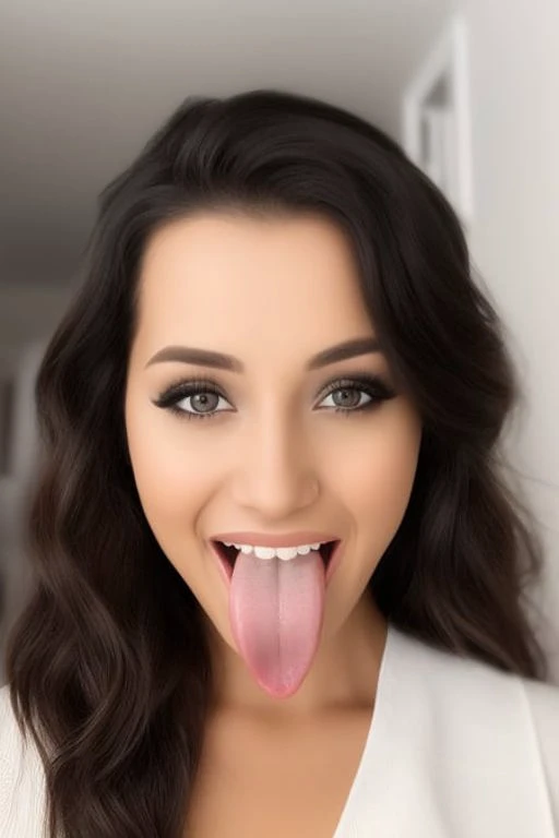 Portrait of a beautiful slim fit woman with her tongue out, white caucasian, mouth open, smile, eyes open, looking a the camera, brown hair, short hair, big breasts, very detailed, sharp focus, aesthetic <hypernet:tongues-and-mouths-v2:1>