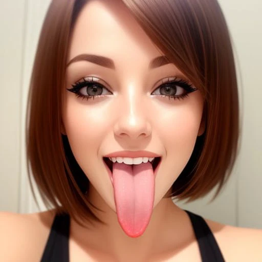 Portrait of a beautiful slim fit woman with her tongue out, white caucasian, mouth open, smile, eyes open, looking a the camera, brown hair, short hair, very detailed, sharp focus, aesthetic <hypernet:tongues-and-mouths-v2:1>