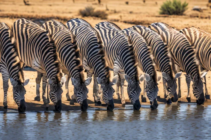 desert landscape (masterpiece, best quality:1.2), ultra-detailed, EdobZebra group of zebras drinking water, (realistic:1.5), <lora:EdobZebra_v1.0:1>