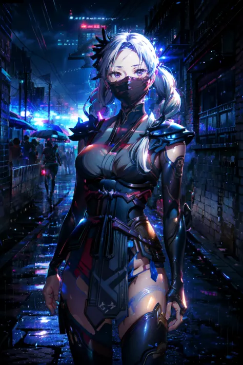 best quality, masterpiece, realistic, photorealistic, <lora:airi aov:0.8> airi aov, mouth mask, white hair, ninja, long double pigtails, black thighhighs, corset, looking at viewer, detailed background, in street, light, rain, <lora:DarkIncursioStyle:1> night, \(dark environment\)
BREAK
outdoors, twilight, raytracing <lora:add_detail:1>