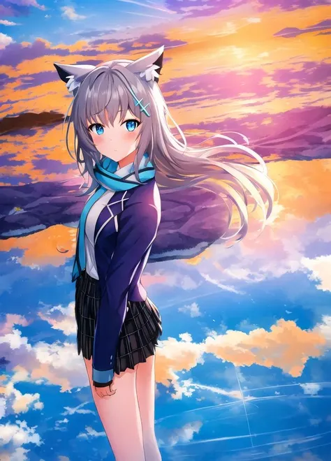 1girl,shirokodef,cloudy_sky,gradient_sky, horizon,ocean, orange_sky,evening, purple_sky, red_sky, reflection, scenery,sun, sunlight,,masterpiece,best quality,ultra-detailed, perfect lighting,reflection, <lora:Uyuni Salt Flat-v1:1> <lyco:shiroko1-000006:1.0>