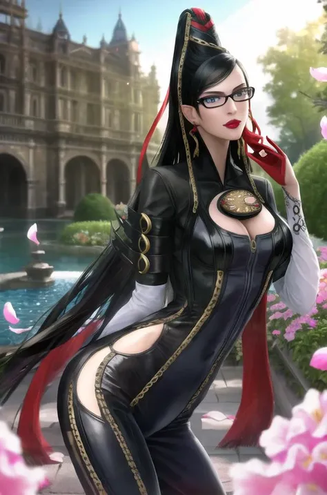 ((masterpiece)),((best quality)),((absurdres)),((ornate)),<lora:bayonetta_1_aiwaifu_v50:0.7>,close-up,straight-on,ojou-sama_pose,bayonetta_1_aiwaifu,aiwaifu,black_hair,glasses,blue_eyes,mole_under_mouth,very_long_hair,jewelry,large_breasts,earrings,ribbon,bodysuit,gloves,hair_ribbon,makeup,lipstick,cleavage_cutout,cleavage,amulet,chain,elbow_gloves,bangs,gold_chain,skin_tight,toned,curvy, narrow waist, solo,mature_female,looking_at_viewer,architecture,garden,stream,outdoors,gradient_sky,twilight,petals,magic,backlighting,light_particles,bokeh, blurry_background,colorful,(highres),(ornate_clothes),(vanishing_point),(dappled_sunlight),(depth_of_field),(scenery),(realistic),(masterpiece),
