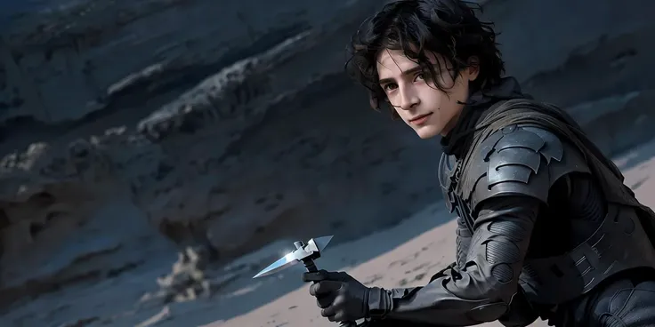 (((masterpiece))),(((best quality))),((ultra-detailed)),(((lots of details))),(beautiful detailed girl),((Epic Light and Shadow)),cinematic angle,oil painting,(illustration),(detailed light),((an extremely delicate and beautiful)),
fantasyArt,DigitalArt,
Paul Atreides,Dune,solo,1boy,male focus,black hair,knife,holding,weapon,holding knife,gloves,looking at viewer,short hair,armor,holding weapon,smile,animification,blurry background,
Dune,Dune movie,Paul Etrudy,big scene,desert,Panorama,
<lora:Paul Atreides:0.7>,(dynamic angle:1.5),