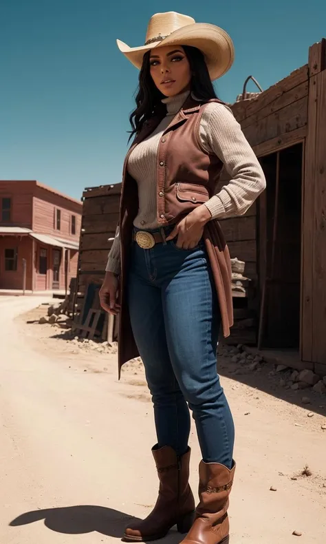 yarishna, old western town, turtleneck, chaps, long coat, magnificent 7, vest, sheriff badge, cowgirl outfit, cowboy hat, duster, scarf, dusty clothes, holstered guns, cowboy boots, pants, 1girl, blue eyes, Latina, beautiful portrait, hyper realistic, raw image, 8k, muscular, uhd, best quality, award winning photo, full body, black hair, tan, thick thighs, serious, scene from old western movie, desert, dusty town, horses in background, saloon, town from 1800s, cinematic lighting