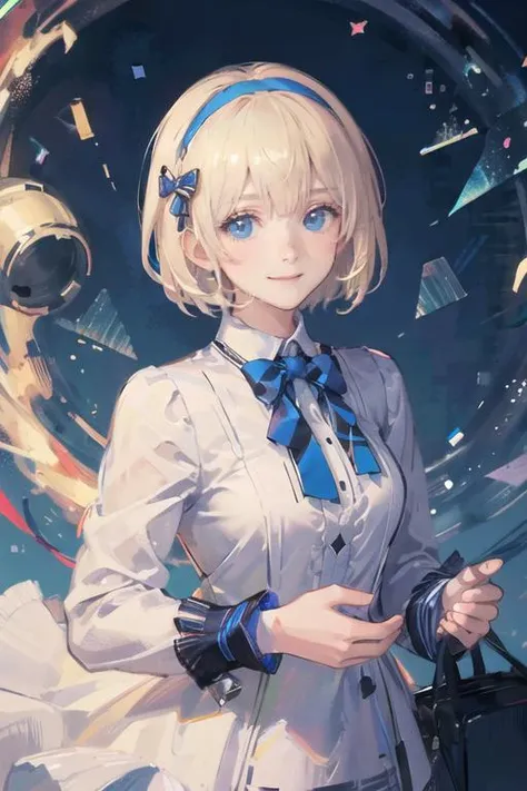 okuzora kohaku, (best quality),(masterpiece),highres,ultra-detailed,illustration,(detailed light), solo,1girl,teenage, blonde hair,short hair,hairband,bangs,blue eyes,ultra-detailed eyes,kind smile,white dress,long sleeves, bowtie, <lora:Okuzora Kohaku_THEIDOLMSTERSTARLIT_v10:0.5>