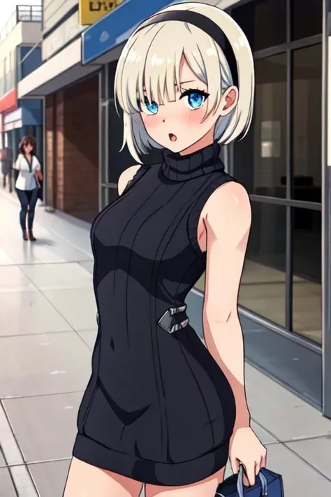 masterpiece,best quality,highres,1girl,solo,blush,small breasts,hair_band blue,black sweater dress,black virgin killer sweater,sleeveless,bare arms,street,looking at the viewer, <lora:test:0.5>,okuzora kohaku,short hair,hairband,hair over half eye,bangs,blue eyes,white hair,:o, petite girl, short girl,