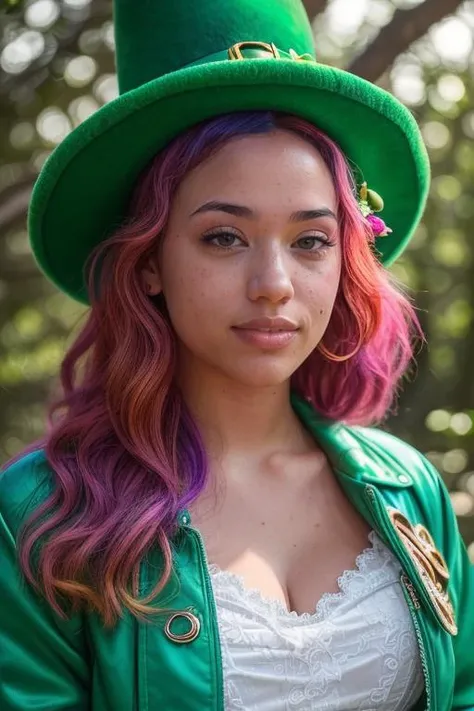 DEN_sofia_gomezMK2
(posing in an (enchanted forest:1.2) dressed as a (leprechaun:1.2), (shamrocks, clovers:1.2), , lucky charms, leprechaun, green clothing, green jacket and green shorts and a green hat, (magical:1.2), (enchanting:1.2):1.2),
bokeh, f1.4, 40mm, photorealistic, raw, 8k, textured skin, skin pores, intricate details  <lora:epi_noiseoffset2:1>, epiCRealism <lora:ClothingAdjuster3:-1>