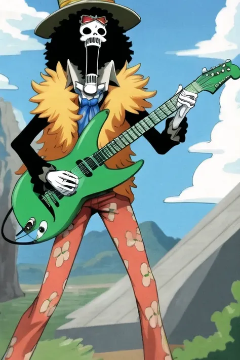1boy, brook, (laughing), happy, guitar, full body, closed mouth, action pose <lora:Brook:0.8>