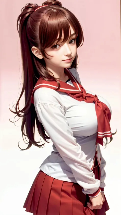 RAW, 1girl, <lora:toheart2_kousaka-10:1>,  kousaka tamaki, solo, full_body, (best quality, masterpiece, absurdres:1.2), front view, beautiful face, perfect face, extremely delicate and beautiful, detailed skin texture, vibrant shiny skin, soft Ray Tracing, Global Illumination, cowboy shot, solo, smile, closed mouth, looking at viewer, school uniform, serafuku, red sailor collar, red neckerchief, red pleated skirt, white_thighs, thigh highs, (gigantic_breasts:1.3), (narrow waist:1.2), beautiful finger, frilled long sleeves, simple_background,