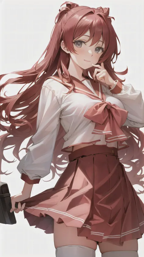 RAW, 1girl, <<lora:toheart2_kousaka-10:1>>, kousaka tamaki, solo, full_body, (best quality, masterpiece, absurdres:1.2), extremely delicate and beautiful, front view, beautiful face, perfect face, delicate and beautiful eyes, red hair, detailed skin texture, vibrant shiny skin, soft Ray Tracing, Global Illumination, cowboy shot, solo, smile, closed mouth, looking at viewer, school uniform, serafuku, red sailor collar, red neckerchief, red pleated skirt, white_thighs, thigh highs, (gigantic_breasts:1.3), (narrow waist:1.2), beautiful finger, frilled long sleeves, simple_background,