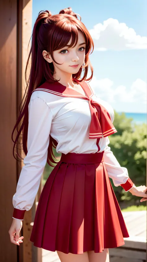 RAW, 1girl, <lora:toheart2_kousaka-10:1>, kousaka tamaki, solo, full_body, (best quality, masterpiece, absurdres:1.2), front view, beautiful face, perfect face, extremely delicate and beautiful, detailed skin texture, vibrant shiny skin, soft Ray Tracing, Global Illumination, cowboy shot, solo, smile, closed mouth, looking at viewer, school uniform, serafuku, red sailor collar, red neckerchief, red pleated skirt, white_thighs, thigh highs, (gigantic_breasts:1.3), (narrow waist:1.2), beautiful finger, frilled long sleeves, simple_background,