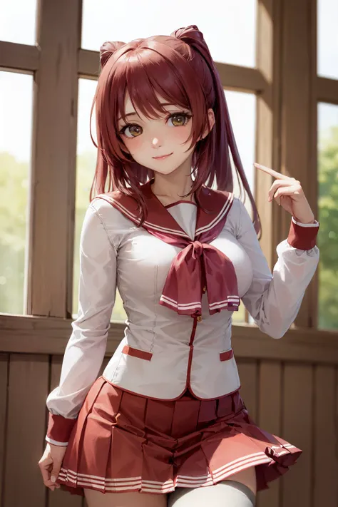 (masterpiece, best quality:1.2), <lora:toheart2_kousaka-10:1>, cowboy shot, solo, 1girl, kousaka tamaki, smile, closed mouth, looking at viewer, school uniform, serafuku, red sailor collar, red neckerchief, red pleated skirt, white thighhighs