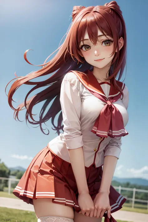 (masterpiece, best quality:1.2), <lora:toheart2_kousaka-10:1>, cowboy shot, solo, 1girl, kousaka tamaki, smile, closed mouth, looking at viewer, school uniform, serafuku, red sailor collar, red neckerchief, red pleated skirt, white thighhighs