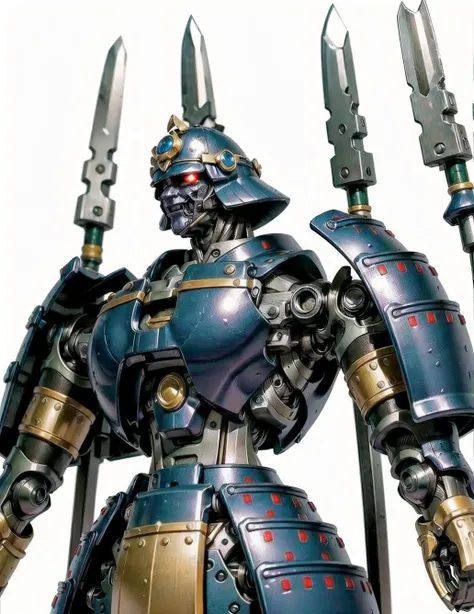 In this high-resolution, intricate masterpiece, a handsome bishounen android with a delicate mechanical body and sparkling eyes stands tall, his chrome metal robotic face reflecting a sheen of excitement. As he polishes his glowing armor, the energy charges at the chest cannon of his robotic samurai form, ready to unleash a voltage-infused strike with the legendary Sengoku blade.highres, intricate detailed, masterpiece, HDR, wide shot, handsome robotic face, (excited:1.3), detailed cg, delicate mechanical body, detailed eyes and detailed face, 8k resolution,<lora:Hagane(Katana)2:0.65>, (katana(sengoku blade):1.3), cartoon realistic, (sengoku blade:1.3), helmet, android, handsome, red pupils, (glowing pupils:1.2), handsome face, robot joints, bishounen, mechanical boots, kusazuri, reflective sheen, chest cannon, chrome metal, (robotic face:1.3), claw \(weapon\), mechanical parts, (metallic texture:1.45), metal skin, wide-eyed, mecha, polishing, metal skin, no humans, spear, claws, kabuto, A rustic countryside unfolds, with patchwork fields in varying shades of green, dotted with grazing livestock and quaint farmhouses that exude timeless charm., depth of field, ultra sharp focus, best illumination, official art, 3d, floating, airbrush, japanese armor, samurai,