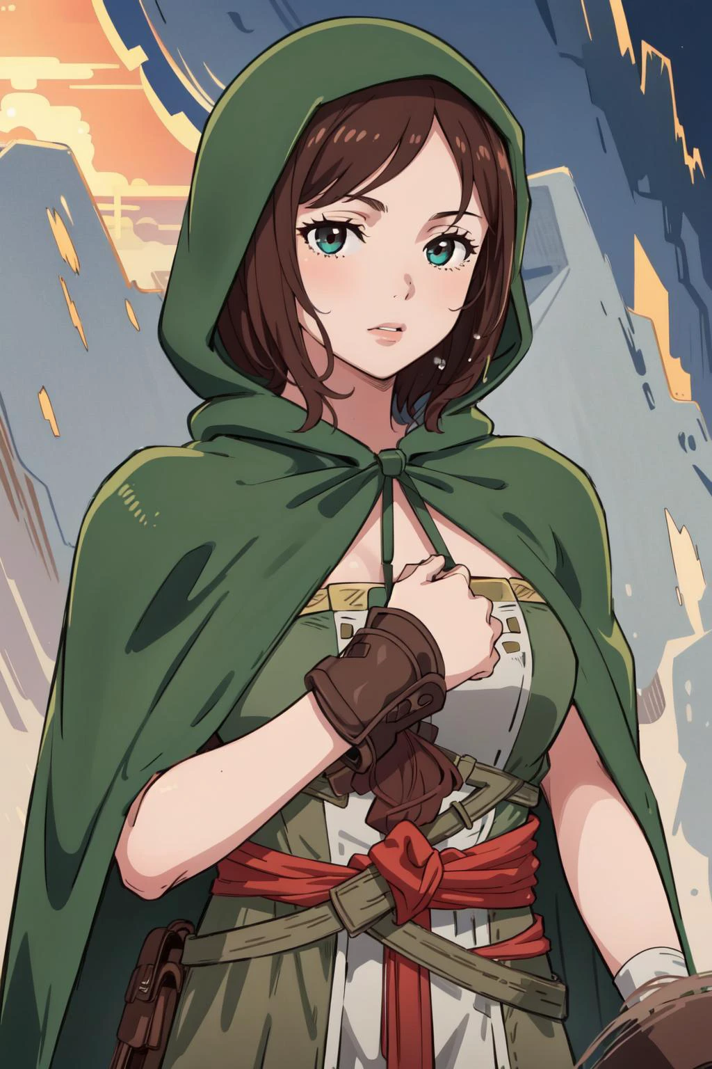 (masterpiece, best quality), intricate details, 8k, artstation, wallpaper, official art, splash art, sharp focus,
1girl, <lora:EmeraldHeraldV1:0.8> EmeraldHerald, brown hair, green hood, cloak, <lora:GoodHands-beta2:0.8>