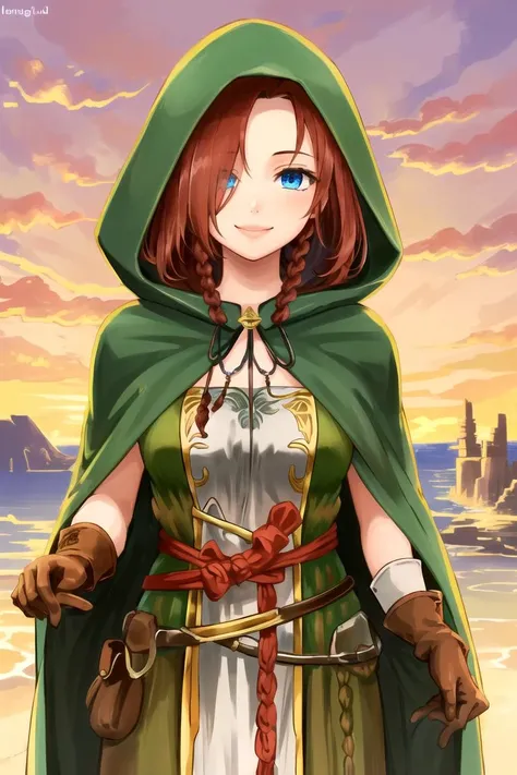 <lora:EmeraldHeraldV1:0.8>, EmeraldHerald, 1girl, EmeraldHerald, 1girl, hong_meiling, solo, blue_eyes, red_hair, braid, gloves, twin_braids, hair_over_one_eye, smile, hood, brown_gloves