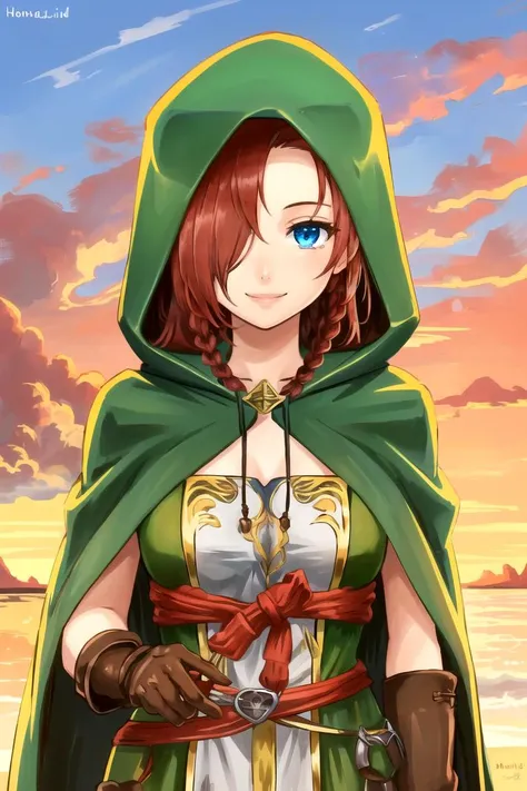 <lora:EmeraldHeraldV1:0.8>, EmeraldHerald, 1girl, EmeraldHerald, 1girl, hong_meiling, solo, blue_eyes, red_hair, braid, gloves, twin_braids, hair_over_one_eye, smile, hood, brown_gloves