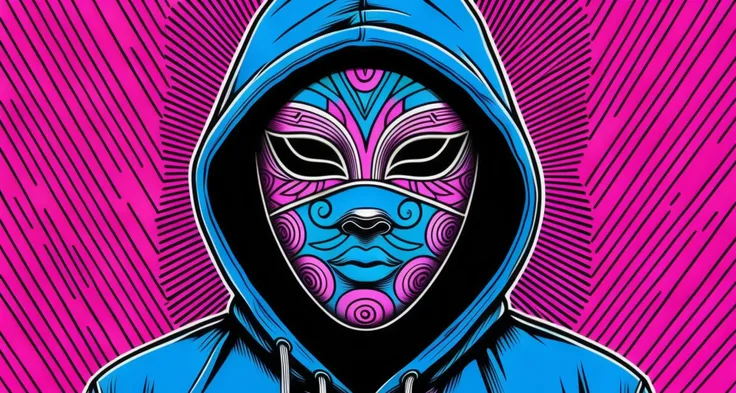 street art style, blue mask, pink eyes, doodle patterns, hooded figure, urban background, graffiti wall, contemporary portrait, vibrant colors, abstract facial expression, youth culture, casual attire, outdoor setting, artistic expression, surreal mask