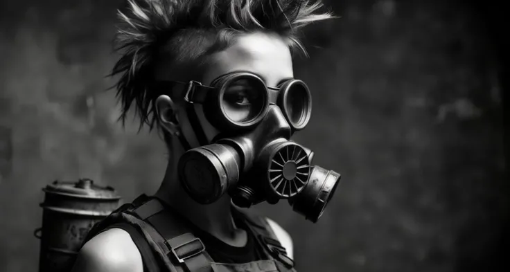 black and white portrait, post-apocalyptic fashion, gas mask, dark lenses, filter cartridge, spiky hair, industrial look, head straps, sleeveless top, utilitarian style, gritty texture, timeless quality, profile view, environmental darkness, mystery