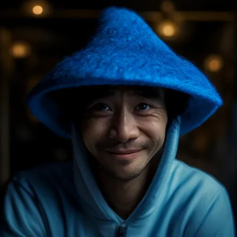 potrait of rice hat smurf, smirk, cinematic lighting, asian movie shot