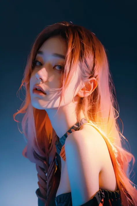 a 20 yo woman, White long hair, dark theme, soothing tones, muted colors, high contrast, (natural skin texture, hyperrealism, soft light, sharp) <lora:y3ll0wblu3:0.65>Y3LL0WBLU3, GLOWING, <lora:stage_20230922024549:0.1> <lora:spotlight:0.31>