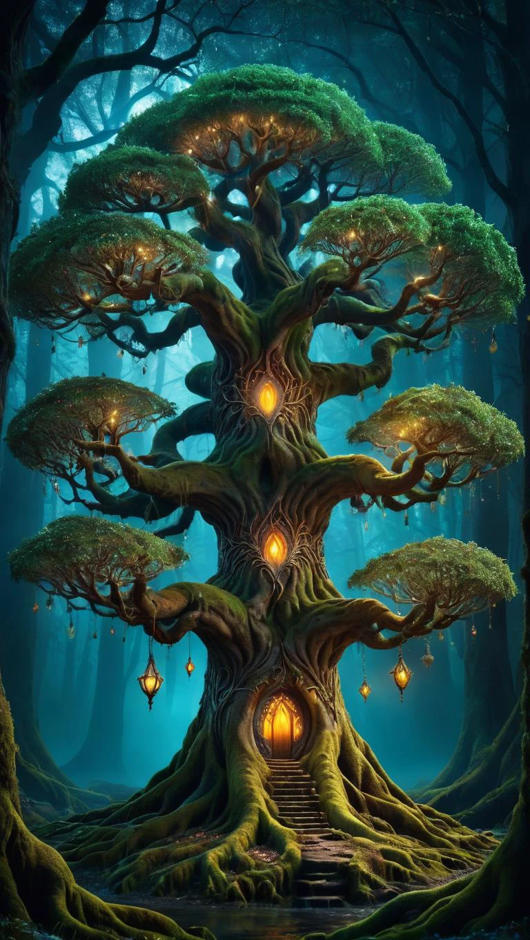 (beautiful elf:1.5), award-winning photography of yggdrasil, beautiful, in an enchanted forest, (by night in the darkness:1.2), moss on roots, (multicolored glowing speres hanging in the tree: 1.3), intricate details, realism, ultra sharp, hyper realistic, <lora:Yggdrasil_V1_SDXL:0.4>
