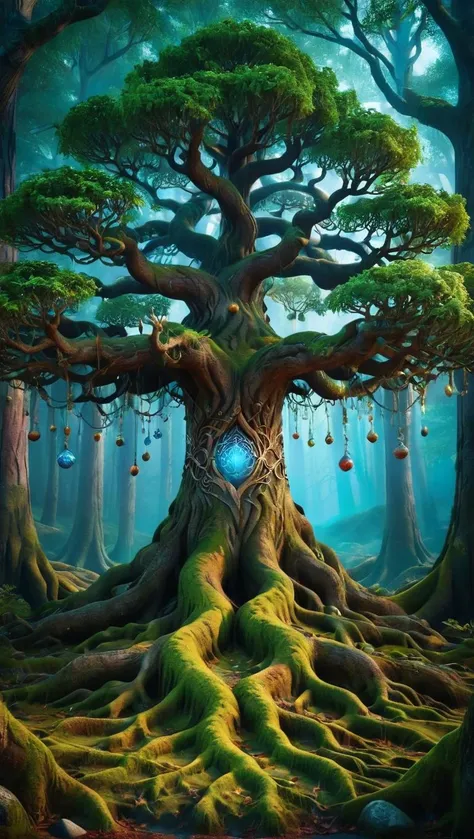 award-winning photography of yggdrasil, beautiful, in an enchanted forest, a fox sitting in front of the tree, by night, dark theme, moss on roots, (multicolored glowing speres hanging in the tree: 1.3), intricate details, realism, ultra sharp, hyper realistic, <lora:Yggdrasil_V1_SDXL:0.8>