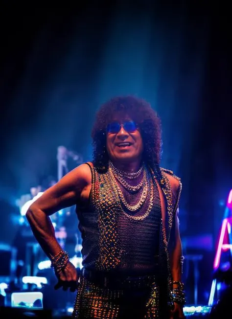 portrait of sks man (monagimenez:1) dressed like a rock star over the stage, neon lights in background, high detailed face, 4k, 8k, cinematic, <lora:monagimenez:1>