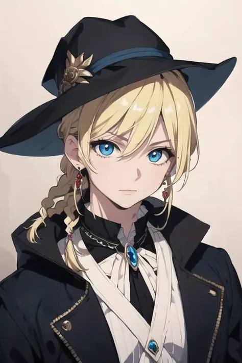 masterpiece, best quality, high quality, 1boy, solo, male focus, looking at viewer, upper body, <lora:titus_alexius:0.52>, titus_alexius, blonde hair, jewelry, blue eyes, hat, braid, coat