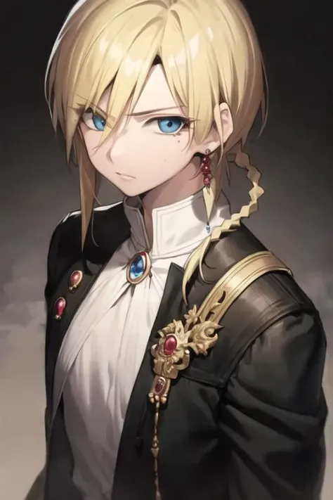 masterpiece, best quality, high quality, 1boy, solo, male focus, looking at viewer, upper body, <lora:titus_alexius:0.68>, titus_alexius, blonde hair, jewelry, blue eyes, , braid, gakuran
