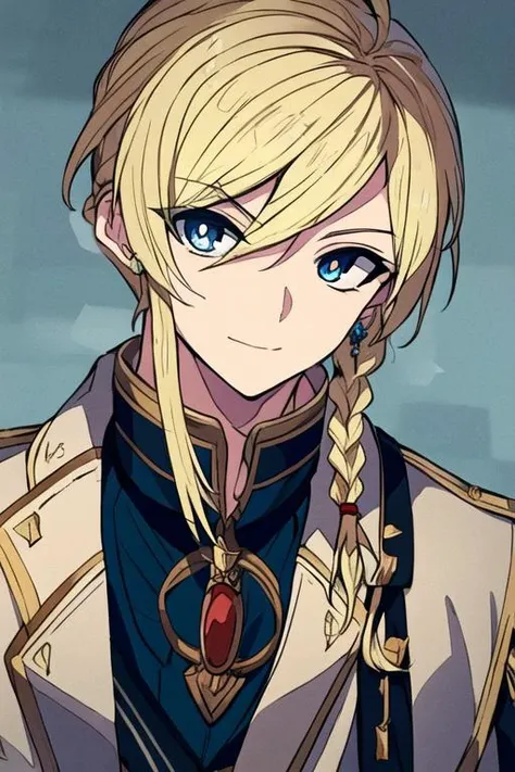 masterpiece, best quality, high quality, 1boy, solo, male focus, looking at viewer, upper body, <lora:titus_alexius:0.56>, titus_alexius, blonde hair, jewelry, blue eyes, , braid, jacket
