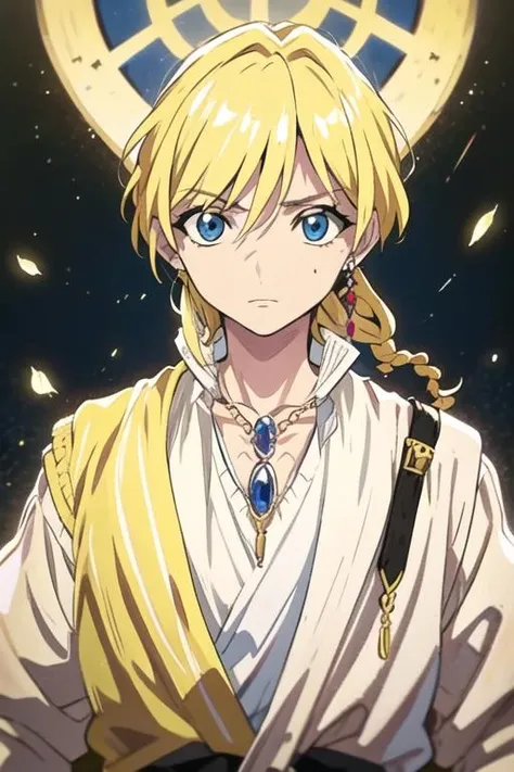 masterpiece, best quality, high quality, 1boy, solo, male focus, looking at viewer, upper body, <lora:titus_alexius:0.78>, titus_alexius, blonde hair, jewelry, blue eyes, , braid, shirt