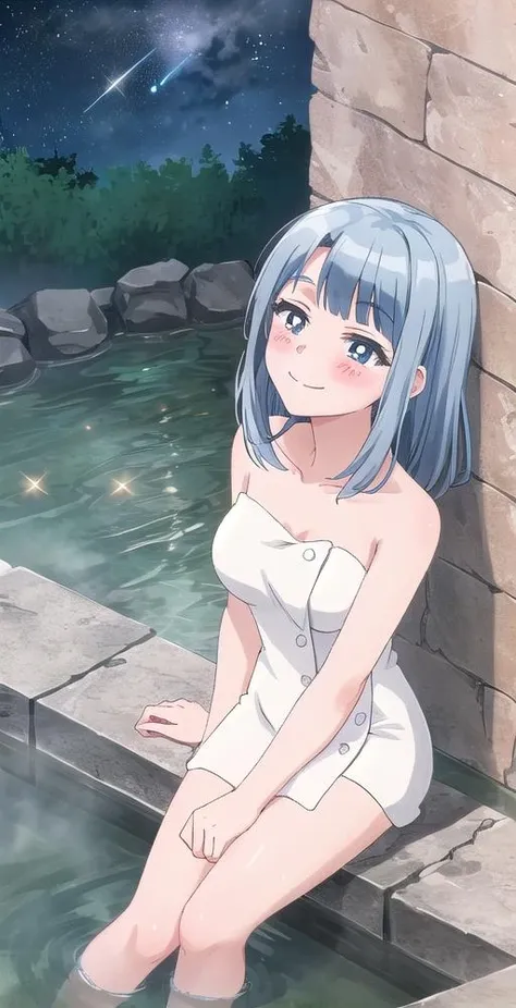 Medhi, 1girl, solo, blush, smile, naked towel, hot springs, in water, ((looking up)), sitting against wall, night sky, stars shining, perfect quality, good quality, masterpiece, HDR, UHD <lora:Medhi:0.7>