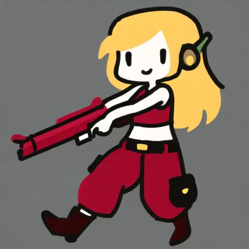 <lora:-drawing:1>, 1girl, solo, <lora:curly brace v1:1>, curly brace, smile, full body, crop top, pants, red boots, gun, simple