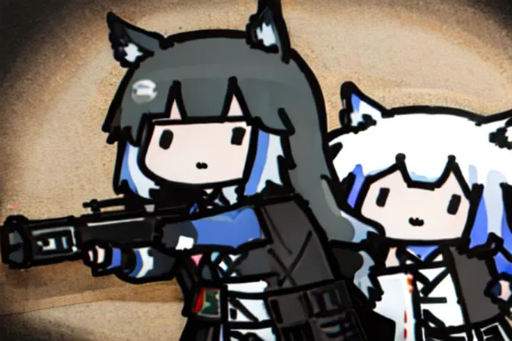 3girls,style anime,Texas,arknights, weapon,firing, <lora:childrensDrawingLora_v10:1.3> <lora:arknightsTexasTheOmertosa_v10:1>