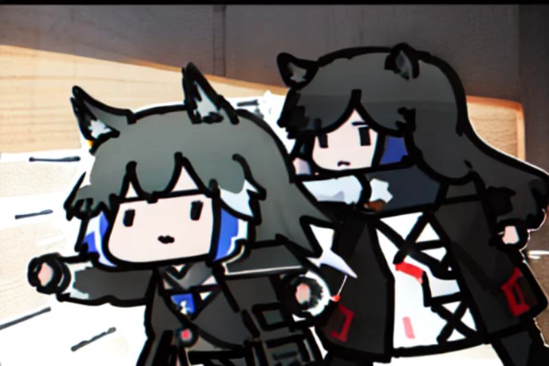 4girls fight each other ,style anime,Texas,arknights, weapon,firing, <lora:childrensDrawingLora_v10:1.3> <lora:arknightsTexasTheOmertosa_v10:1>