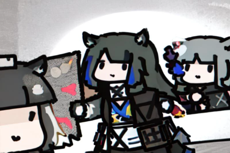 4girls fight each other ,style anime,Texas,arknights, weapon,firing, <lora:childrensDrawingLora_v10:1.3> <lora:arknightsTexasTheOmertosa_v10:1>