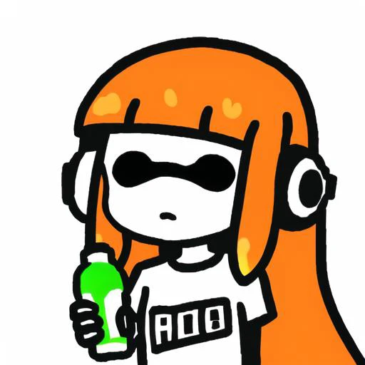 <lora:child-drawing:1.0>, headphones, water bottle, splatoon, inkling girl, t-shirt, simple, sketch, orange hair, color