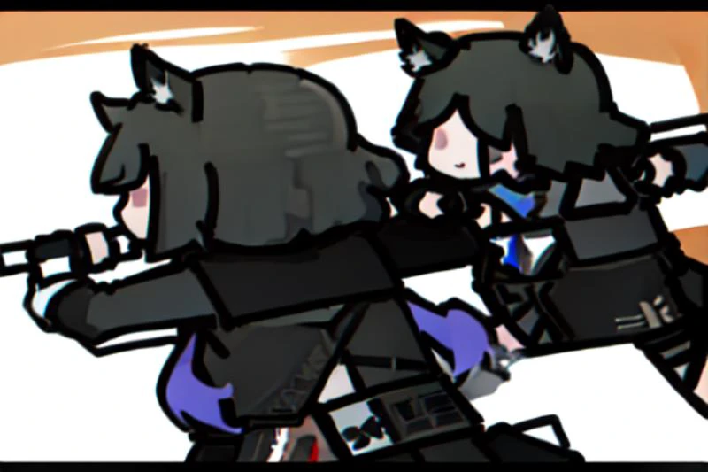 4girls fight each other ,style anime,Texas,arknights, weapon,firing, <lora:childrensDrawingLora_v10:1.3> <lora:arknightsTexasTheOmertosa_v10:1>