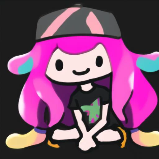 <lora:-drawing:1.0>, <lora:paruko:0.8>, simple, harmony, pink hair, smile, (tentacle hair:0.6), black shirt, sitting, skirt, hat